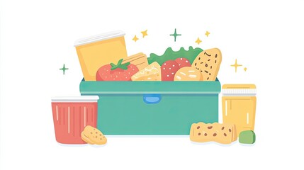 Fototapeta premium Lunchbox Filled with Snacks and Beverages