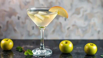 Freshly poured appletini cocktail in a chilled glass, clear liquid, glassware, fruity mix