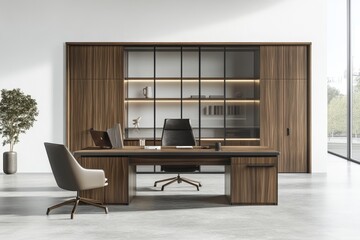 Modern office interior with wooden desk, two chairs, and glass shelves.