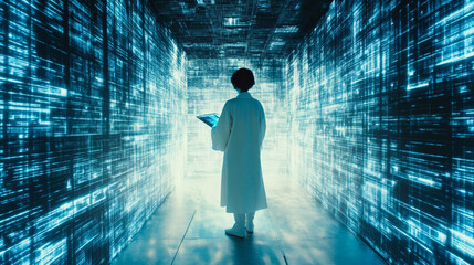 Scientist analyzing holographic data in futuristic blue environment