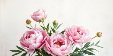 Gentle pink peony flower arrangement in a loose and airy abstract floral background, feminine decor, pink peonies, soft pink hue