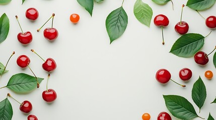 Naklejka premium Summertime Cherries and Green Leaves Frame on White Background