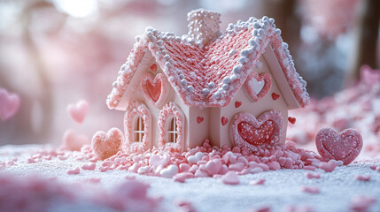 Pink Valentine’s Day candy house, festive romantic product background