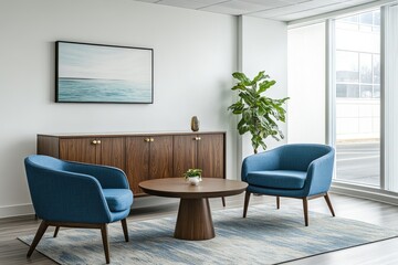 A modern, minimalist living room interior with two blue armchairs, a wooden coffee table, a cabinet, a plant, and an abstract painting on the wall.