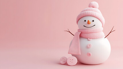 A cheerful snowman holding a gift in a snowy winter scene wearing a hat and scarf on pink background
