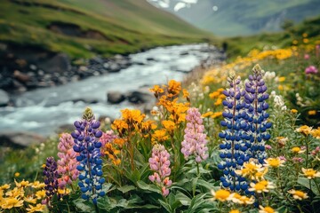 Obraz premium Vibrant Wildflowers Blooming by a Mountain Stream