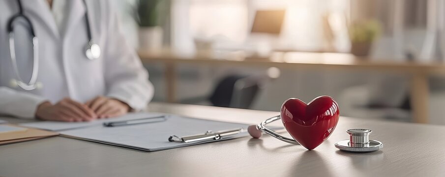 Stethoscope and heart figure on desk in doctor s office, warm ambient light, healthcare service and wellness focus, symbol of empathy and care