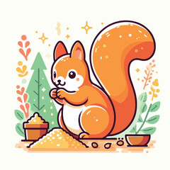 vector image of a cute squirrel eating acorns