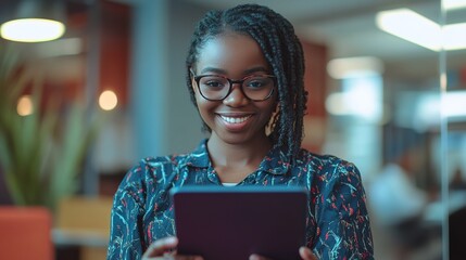 Joyful young businesswoman using a tablet while working in a modern corporate environment, showcasing professionalism and engagement in digital tasks.