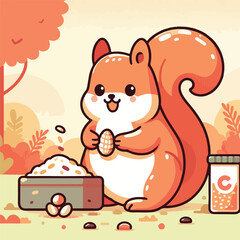 vector image of a cute squirrel eating acorns