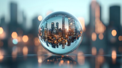 Futuristic cityscape encapsulated in a crystal orb, glowing skyline, warm ambient light, sci-fi architecture, surreal and visionary, reflections and depth
