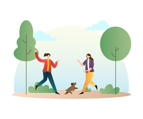 Park Activities Character Illustration Two Women Playing with Dogs