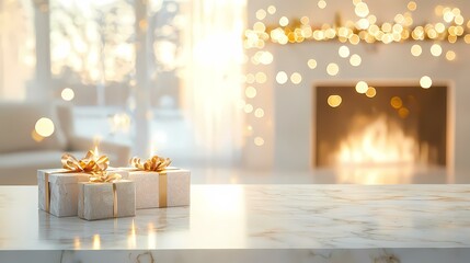 Three elegantly wrapped presents with gold ribbons sit on a smooth white marble surface against a blurred background of a cozy living room with a fireplace and warm, golden lights.