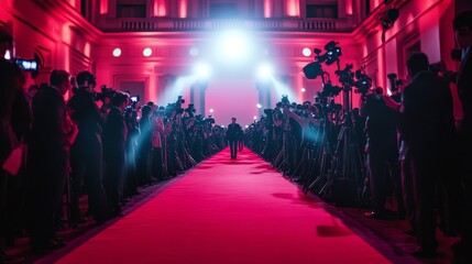 A glamorous event with photographers capturing a figure walking down a red carpet in dramatic lighting.