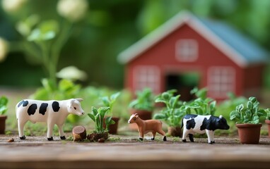 A miniature farm scene with toy animals, plants, and a barn, depicting rural life.