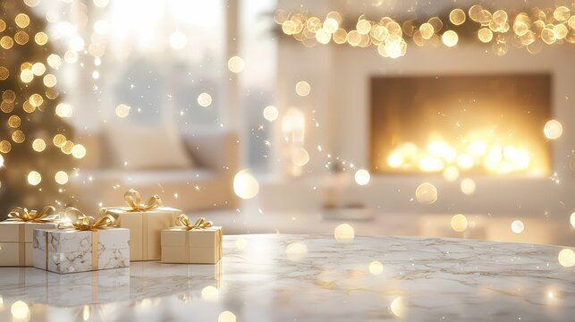 Three gold-wrapped presents sit on a marble table in front of a blurred background of a cozy living room with a fireplace and warm, golden lights.