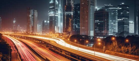 Naklejka premium Nighttime cityscape with illuminated highways and skyscrapers.