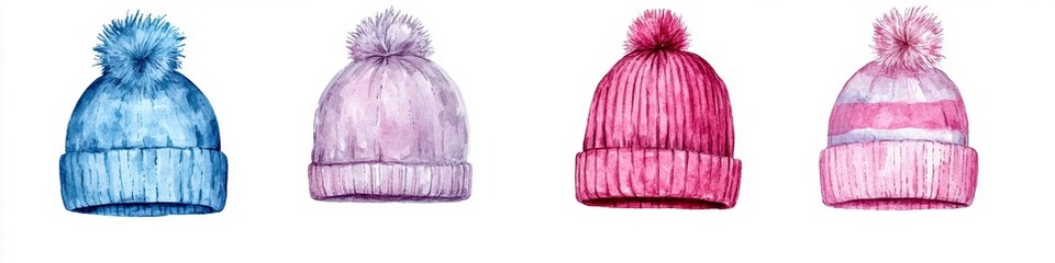 A collection of colorful knitted beanies in blue, purple, and pink, each topped with a fluffy pom-pom, perfect for winter fashion.