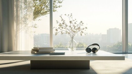 Serene Cityscape View from Minimalist Living Room
