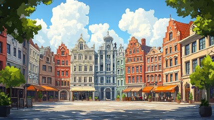 Obraz premium A vibrant town square with colorful buildings and outdoor seating under a bright sky.