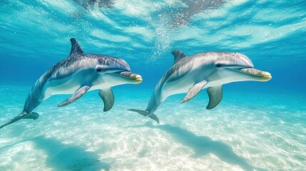 Obraz premium Two dolphins swimming gracefully underwater in a clear, blue ocean.