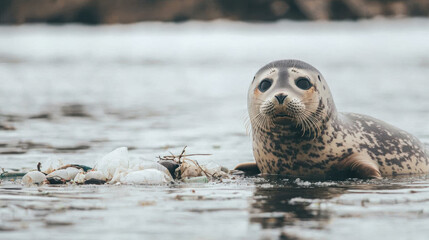 Fototapeta premium Plastic Pollution Microplastics Wildlife Concept. A curious seal swimming in calm waters, showcasing its unique features and playful nature.