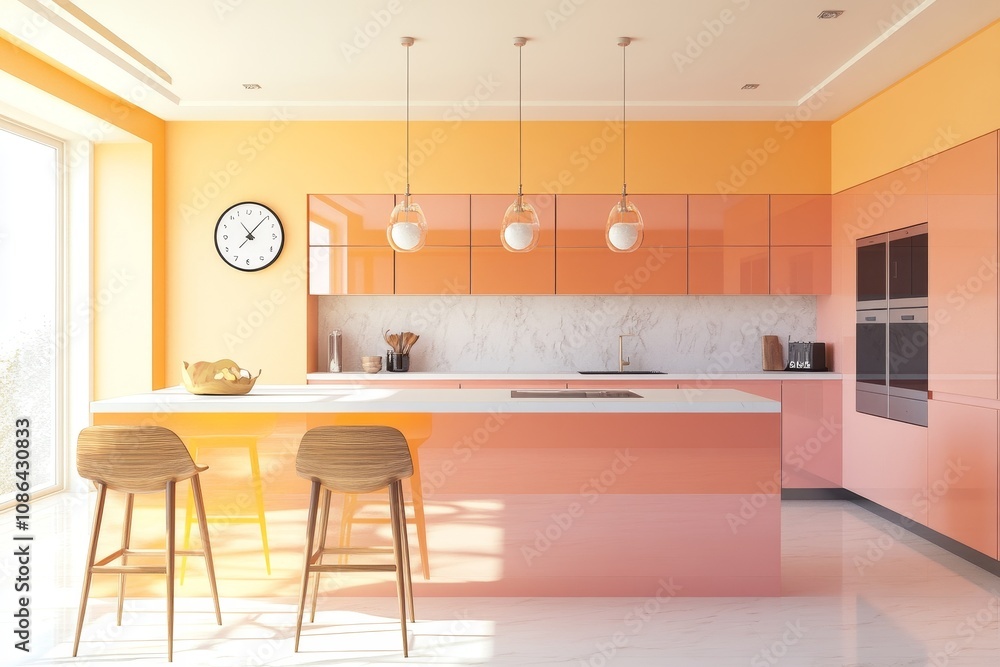 Wall mural A modern kitchen with pink cabinets, white marble countertops, and a yellow and peach color scheme. There are two stools at the island, a window, and a clock on the wall.