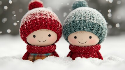 Adorable Knitted Dolls in Snowy Winter Wonderland Scene