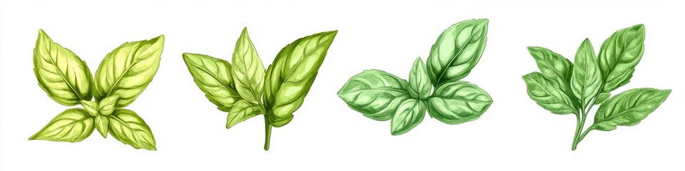 Fototapeta premium The image features a series of four botanical illustrations of leaves, showcasing various shades of green and leaf shapes, highlighting the beauty of nature.