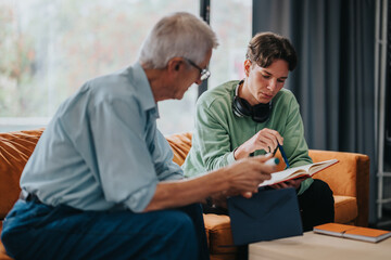 An elderly man guides a young student in a quiet home environment. The scene captures learning,...