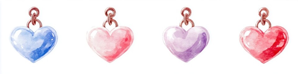Four heart-shaped pendants in pastel colors, each featuring a whimsical character, showcasing a charming and playful design aesthetic.