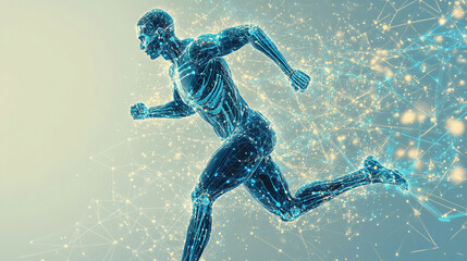 Naklejka premium The vector illustration features a digital running man in motion, set against a futuristic technological blue background.