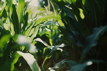 Fototapeta premium Lush Green Cornfield with Sunlight Filtering Through Tall Stalks, Capturing the Essence of Summer and Agricultural Growth in Nature's Vibrant Palette