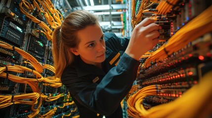 Female Engineer Configuring Network Equipment in a Server Room Surrounded by Colorful Cables and Technology, Focused on Wiring Connections