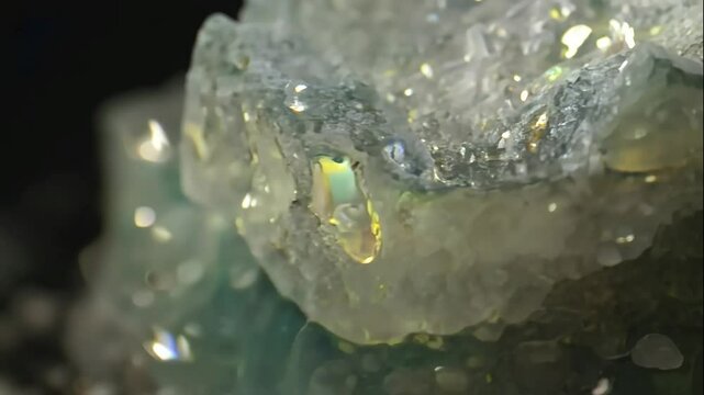 A close-up view of fluorite crystals, showcasing their intricate details and sparkling surfaces.