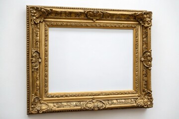 Ornate gold frame with intricate details on a plain white background, historical artifact, old antique gold frame, white background