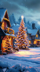 A quaint village covered in snow, with a glowing Christmas tree in the town square, houses adorned with festive lights, and a peaceful winter atmosphere.