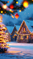 A quaint village covered in snow, with a glowing Christmas tree in the town square, houses adorned with festive lights, and a peaceful winter atmosphere.