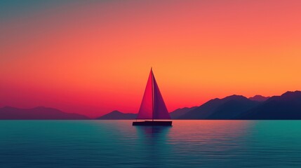 Fototapeta premium Serene Sunset Sailboat Ocean Mountains Calm Waters Pink Sky