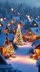 A quaint village covered in snow, with a glowing Christmas tree in the town square, houses adorned with festive lights, and a peaceful winter atmosphere.