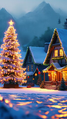 A quaint village covered in snow, with a glowing Christmas tree in the town square, houses adorned with festive lights, and a peaceful winter atmosphere.