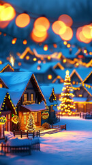 A quaint village covered in snow, with a glowing Christmas tree in the town square, houses adorned with festive lights, and a peaceful winter atmosphere.