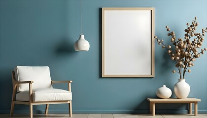Fototapeta premium A minimalist living room with a large empty white frame on a teal blue wall, a white armchair, and a small wooden side table with a white ceramic vase