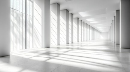 Sunlit modern hallway with white columns and large windows.