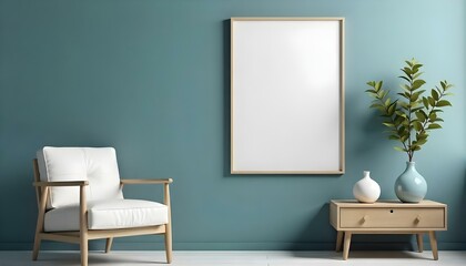 A minimalist living room with a large empty white frame on a teal blue wall, a white armchair, and a small wooden side table with a white ceramic vase