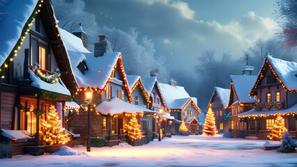 A quaint village covered in snow, with a glowing Christmas tree in the town square, houses adorned with festive lights, and a peaceful winter atmosphere.