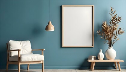 A minimalist living room with a large empty white frame on a teal blue wall, a white armchair, and a small wooden side table with a white ceramic vase
