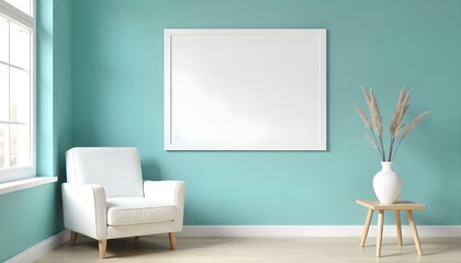 A minimalist living room with a large empty white frame on a teal blue wall, a white armchair, and a small wooden side table with a white ceramic vase