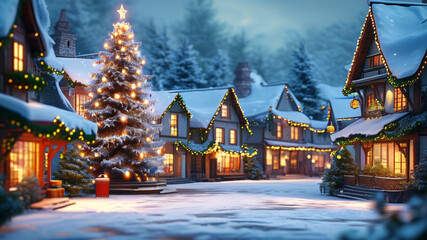A quaint village covered in snow, with a glowing Christmas tree in the town square, houses adorned with festive lights, and a peaceful winter atmosphere.