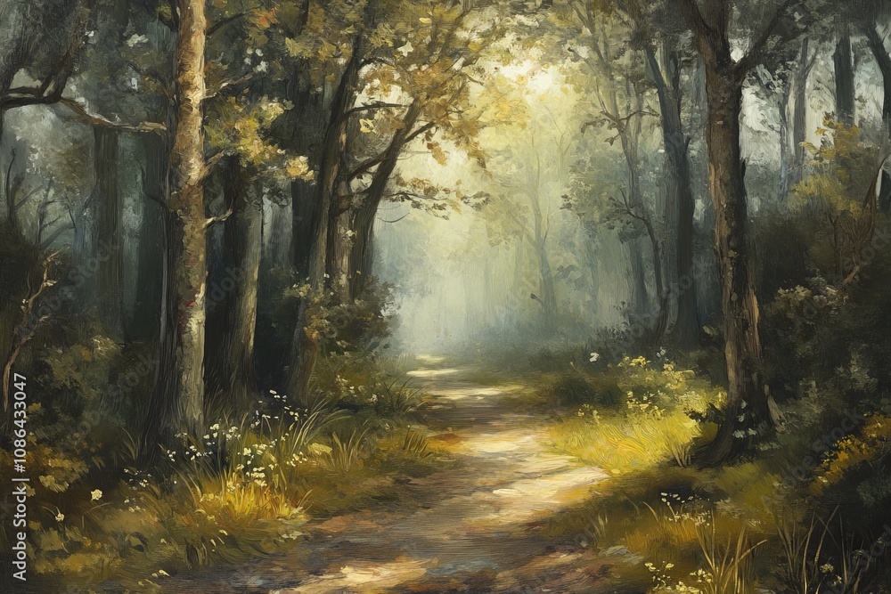 Poster serene forest path with soft morning light filtering through lush green trees and gentle mist in a p